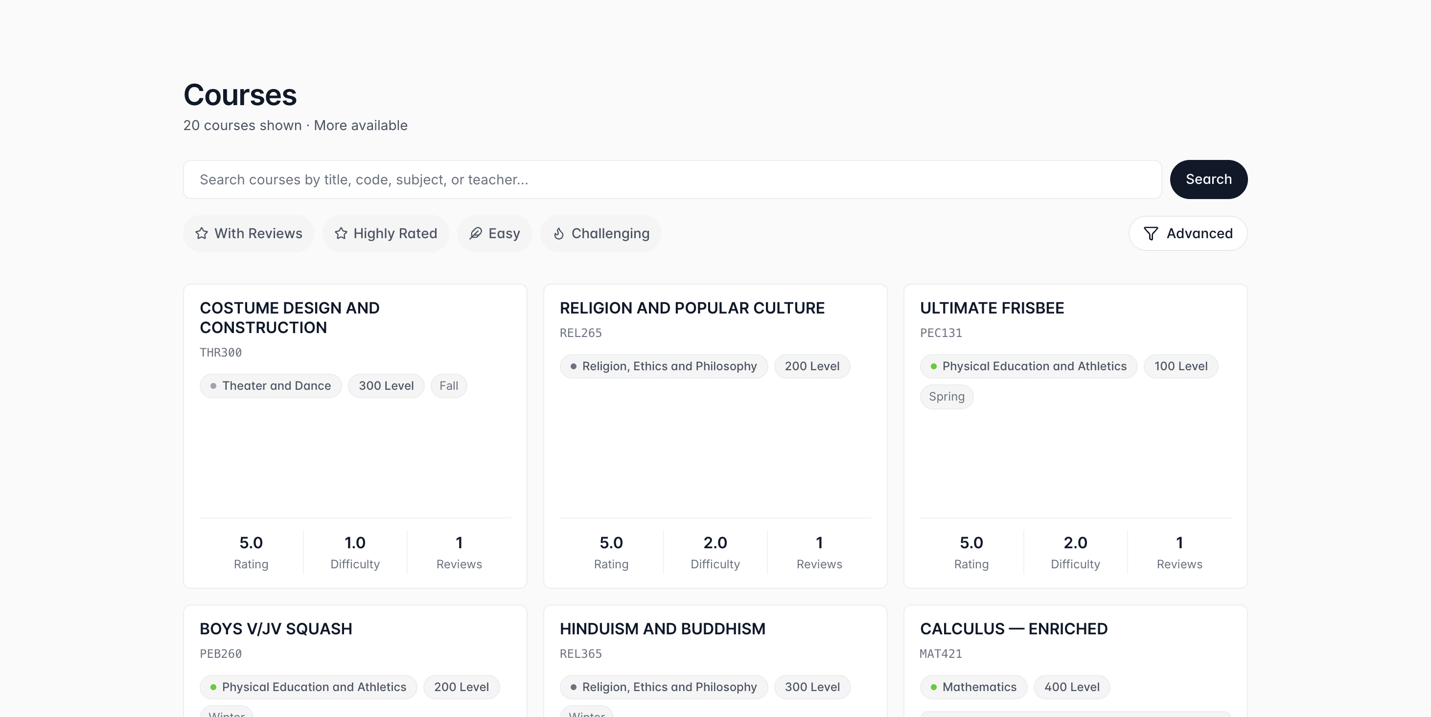 Course browse page with search, chips, and class cards