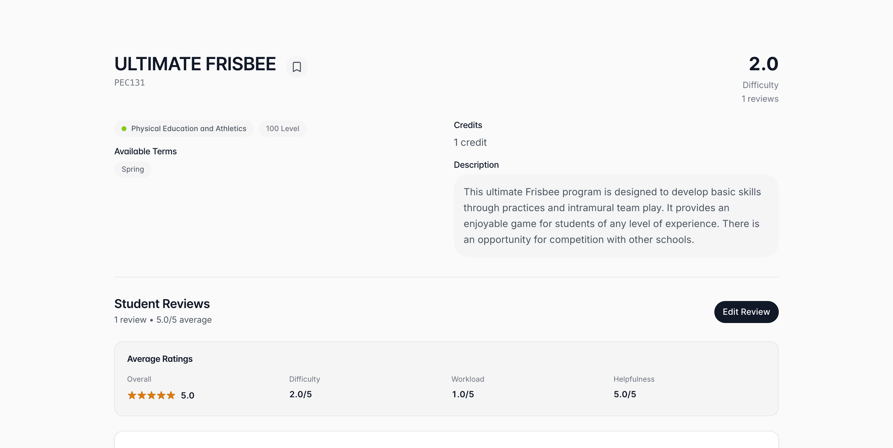 Course detail page with full class information and reviews